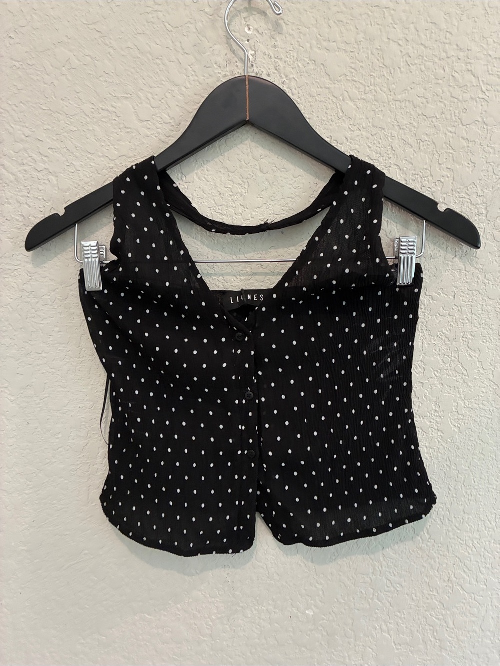 Lioness Black Polka Dot Cropped Button-Front halter neck top